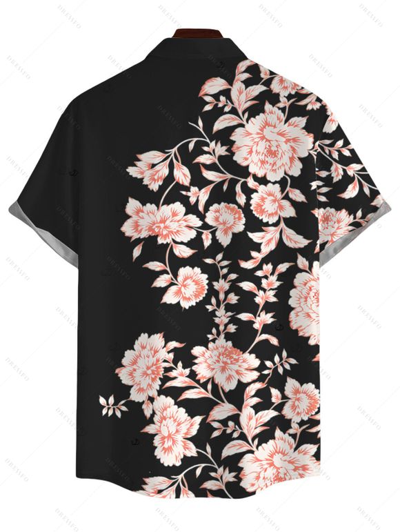 Men's Hawaiian Vacation Shirt Peony Floral Print Button Up Shirt - Noir 5XL