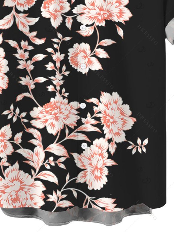 Men's Hawaiian Vacation Shirt Peony Floral Print Button Up Shirt - Noir 5XL