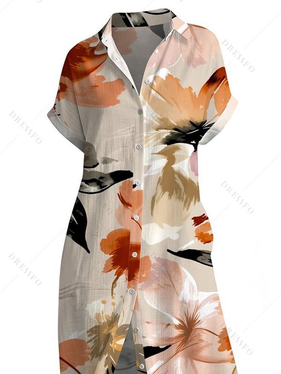 Hawaiian Vacation Shirt Dress Watercolor Floral Print Button Up Pocket Curved Hem Maxi Dress - multicolor XL | US 12
