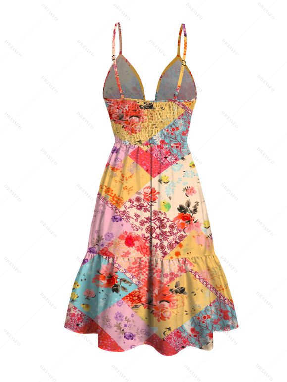 Hawaiian Vacation Dress Patchwork Floral Print Cut Out Plunging Neck Flowy Dress - multicolor XXL | US 14