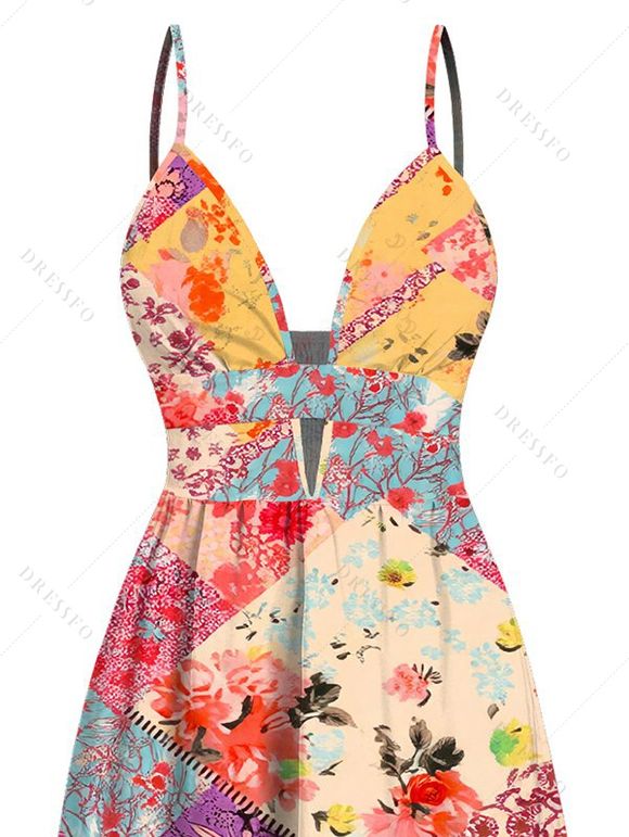Hawaiian Vacation Dress Patchwork Floral Print Cut Out Plunging Neck Flowy Dress - multicolor XXL | US 14