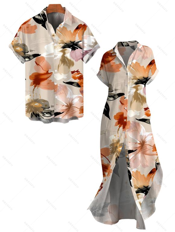 Hawaiian Vacation Couple Outfit Watercolor Floral Print Button Up Pocket Curved Hem Shirt Dress and Shirt Set - multicolor S | US 4