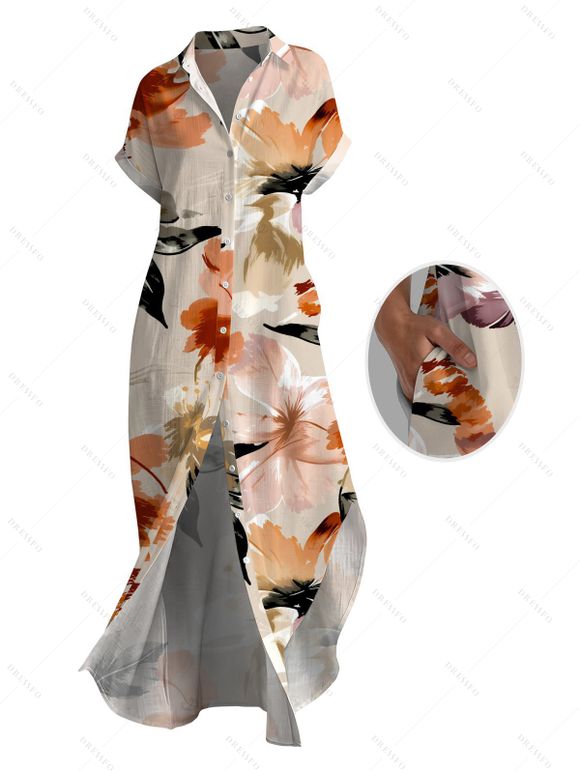 Hawaiian Vacation Couple Outfit Watercolor Floral Print Button Up Pocket Curved Hem Shirt Dress and Shirt Set - multicolor S | US 4