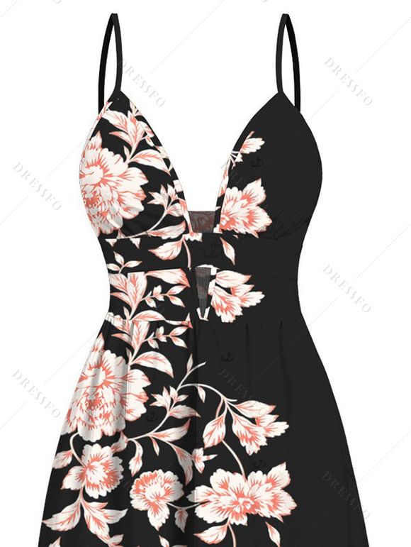 Hawaiian Vacation Dress Peony Floral Print Cut Out Plunging Neck Flowy Dress - Noir XXL | US 14