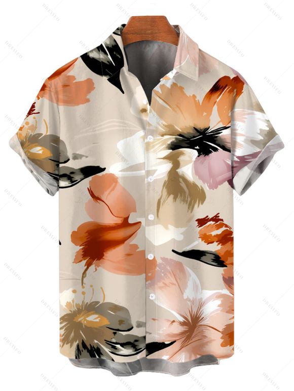Hawaiian Vacation Couple Outfit Watercolor Floral Print Button Up Pocket Curved Hem Shirt Dress and Shirt Set - multicolor S | US 4