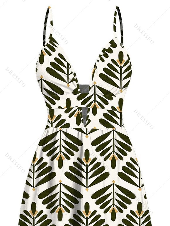 Vacation Dress Symmetrical Olive Leaf Print Cut Out Plunging Neck Flowy Dress - Olive Verte XXL | US 14