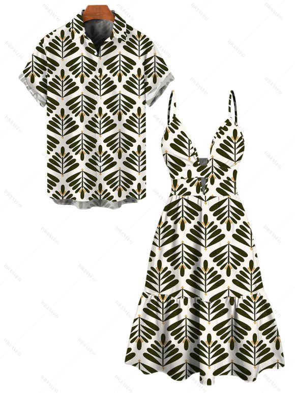 Vacation Couple Outfit Symmetrical Olive Leaf Print Cut Out Plunging Neck Flowy Dress and Shirt Set - PLANT GREEN S | US 4