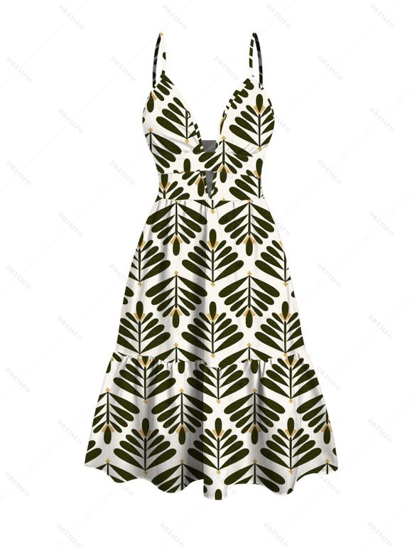 Vacation Couple Outfit Symmetrical Olive Leaf Print Cut Out Plunging Neck Flowy Dress and Shirt Set - PLANT GREEN S | US 4