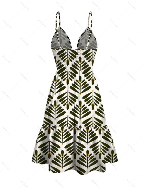 Vacation Couple Outfit Symmetrical Olive Leaf Print Cut Out Plunging Neck Flowy Dress and Shirt Set - PLANT GREEN S | US 4