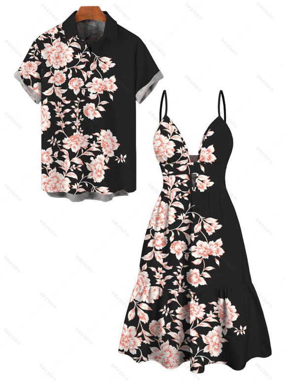 Hawaiian Vacation Couple Outfit Peony Floral Print Cut Out Plunging Neck Flowy Dress and Shirt Set - Noir S | US 4