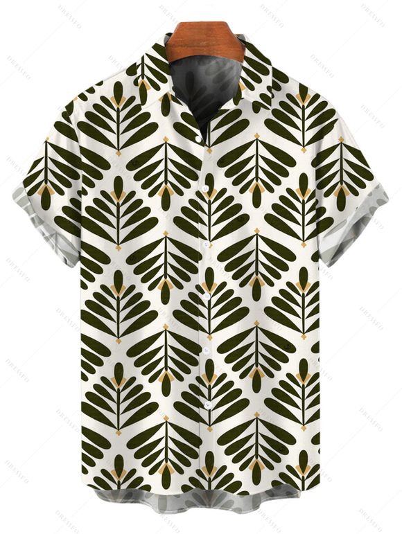 Vacation Couple Outfit Symmetrical Olive Leaf Print Cut Out Plunging Neck Flowy Dress and Shirt Set - PLANT GREEN S | US 4