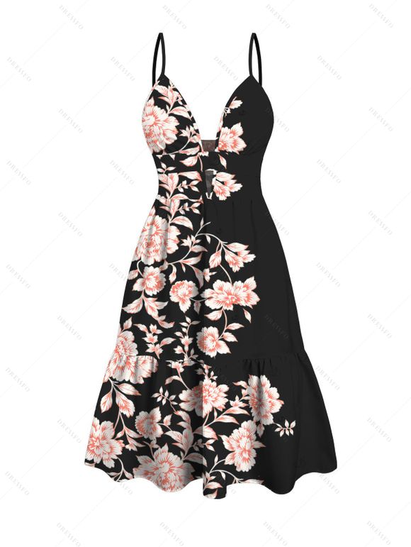 Hawaiian Vacation Couple Outfit Peony Floral Print Cut Out Plunging Neck Flowy Dress and Shirt Set - Noir S | US 4