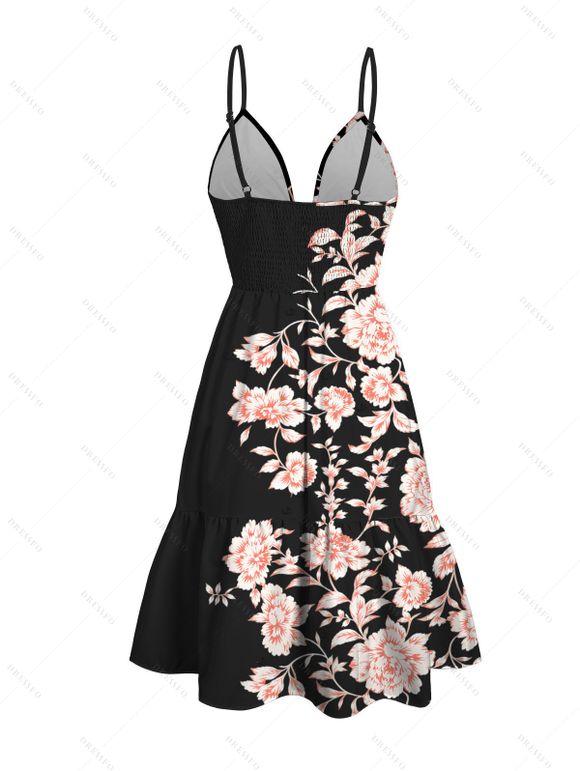 Hawaiian Vacation Couple Outfit Peony Floral Print Cut Out Plunging Neck Flowy Dress and Shirt Set - Noir S | US 4