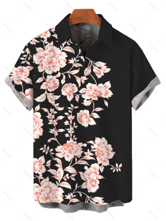 Hawaiian Vacation Couple Outfit Peony Floral Print Cut Out Plunging Neck Flowy Dress and Shirt Set - Noir S | US 4