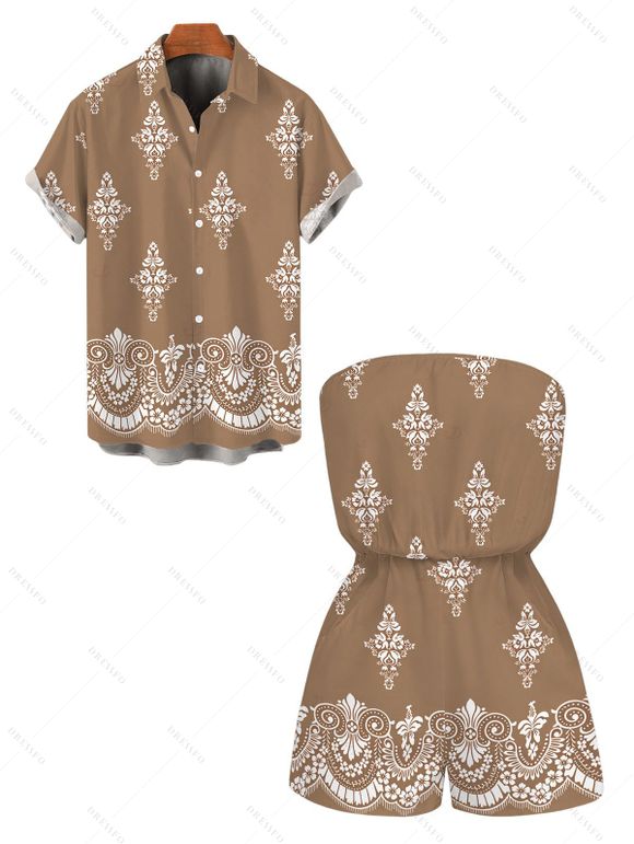 Casual Couple Outfit Vintage Damask Floral Motif Print Pocket Off the Shoulder Romper and Shirt Set - Bronze S | US 4