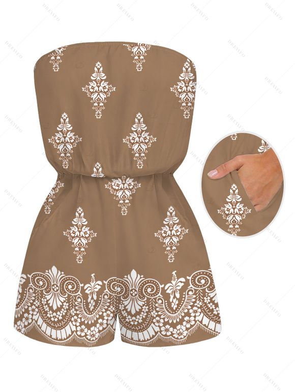 Casual Couple Outfit Vintage Damask Floral Motif Print Pocket Off the Shoulder Romper and Shirt Set - Bronze S | US 4