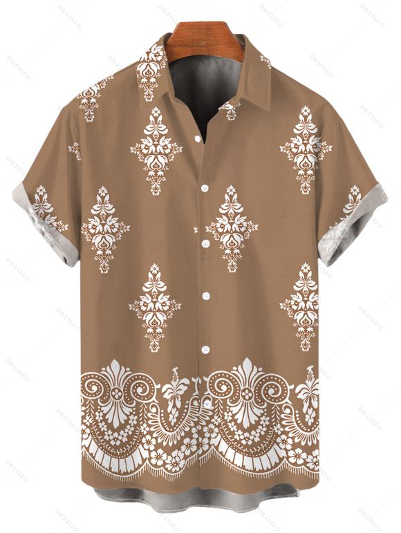 Casual Couple Outfit Vintage Damask Floral Motif Print Pocket Off the Shoulder Romper and Shirt Set - Bronze S | US 4