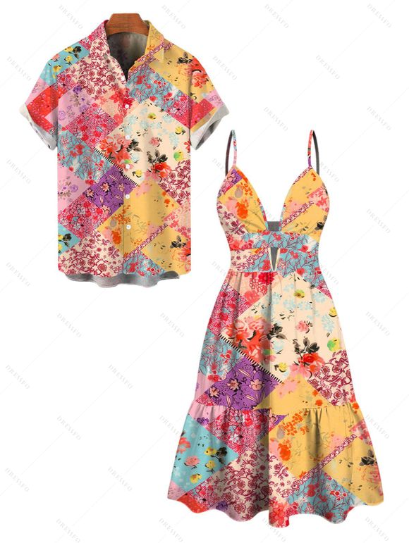 Hawaiian Vacation Couple Outfit Patchwork Floral Print Cut Out Plunging Neck Flowy Dress and Shirt Set - multicolor S | US 4