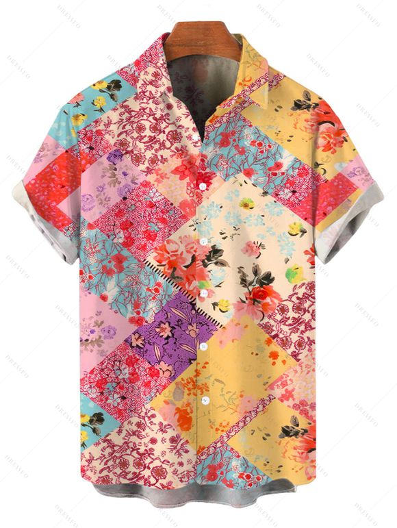 Hawaiian Vacation Couple Outfit Patchwork Floral Print Cut Out Plunging Neck Flowy Dress and Shirt Set - multicolor S | US 4