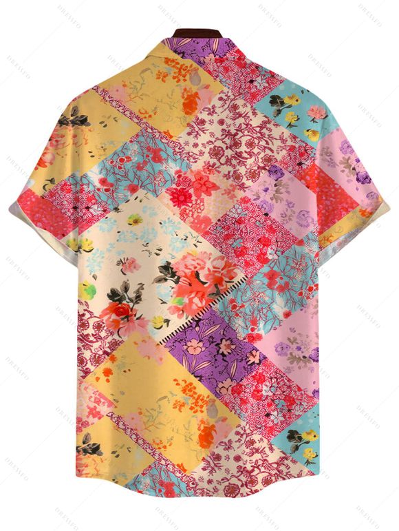 Hawaiian Vacation Couple Outfit Patchwork Floral Print Cut Out Plunging Neck Flowy Dress and Shirt Set - multicolor S | US 4