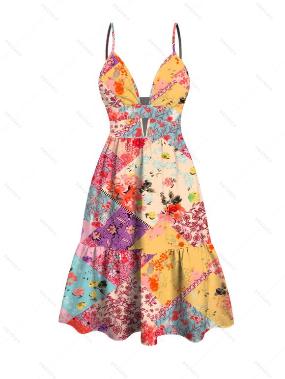 Hawaiian Vacation Couple Outfit Patchwork Floral Print Cut Out Plunging Neck Flowy Dress and Shirt Set - multicolor S | US 4