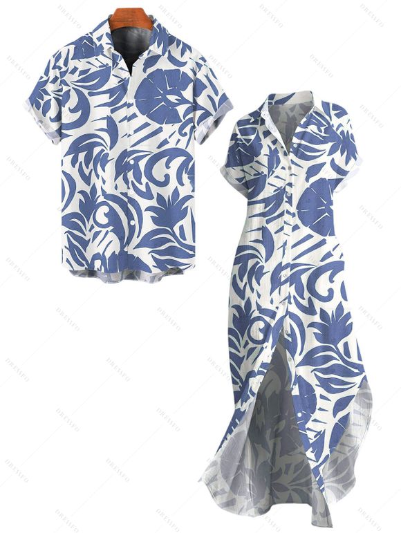 Vacation Couple Outfit Tropical Abstract Leaf Print Button Up Pocket Curved Hem Shirt Dress and Shirt Set - Bleu S | US 4