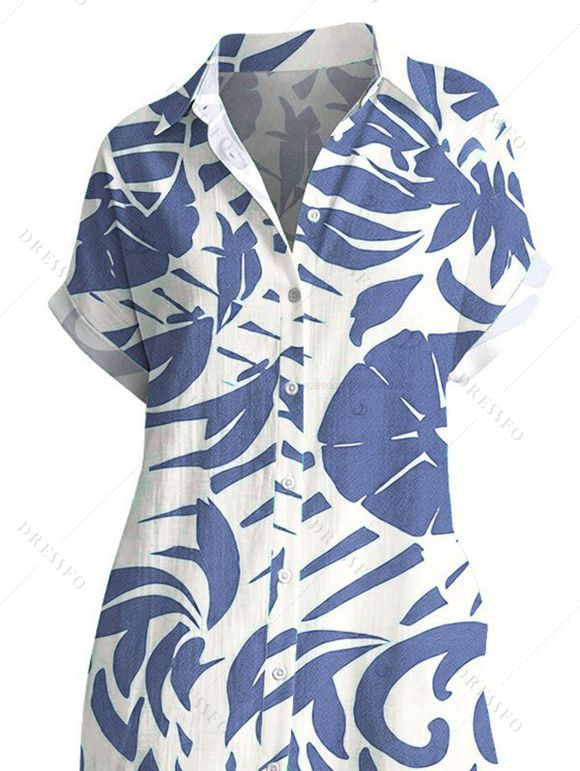 Vacation Couple Outfit Tropical Abstract Leaf Print Button Up Pocket Curved Hem Shirt Dress and Shirt Set - Bleu S | US 4