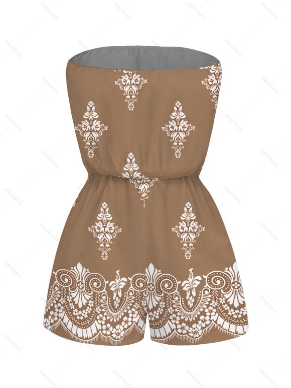 Casual Romper Vintage Damask Floral Motif Print Pocket Off the Shoulder Romper - Bronze S | US 4