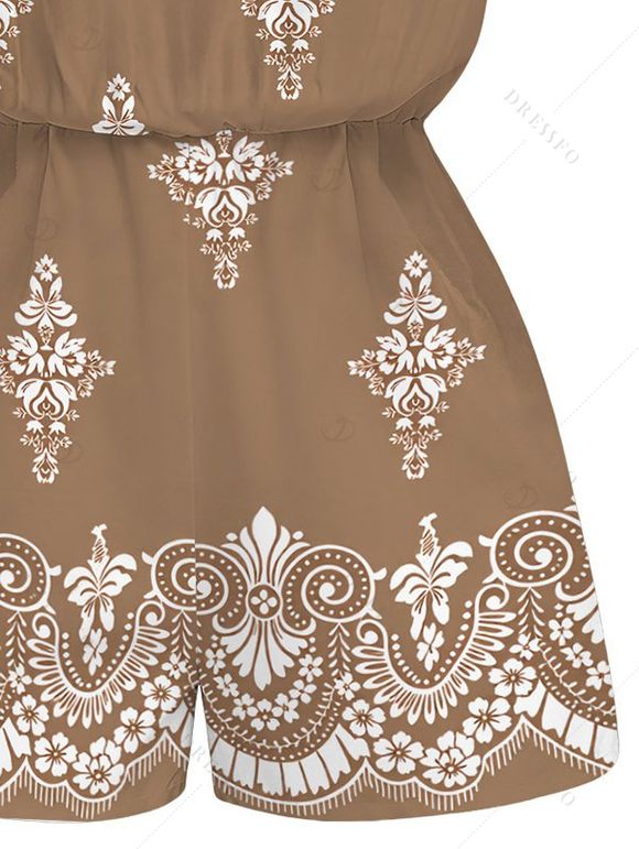 Casual Romper Vintage Damask Floral Motif Print Pocket Off the Shoulder Romper - Bronze S | US 4