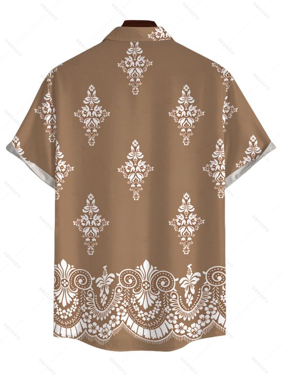 Men's Casual Shirt Vintage Damask Floral Motif Print Button Up Shirt - Bronze M