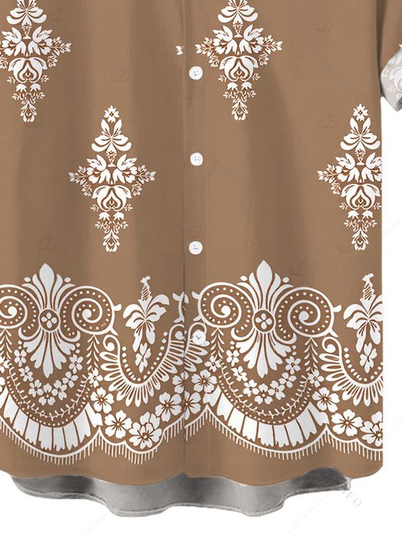 Men's Casual Shirt Vintage Damask Floral Motif Print Button Up Shirt - Bronze M