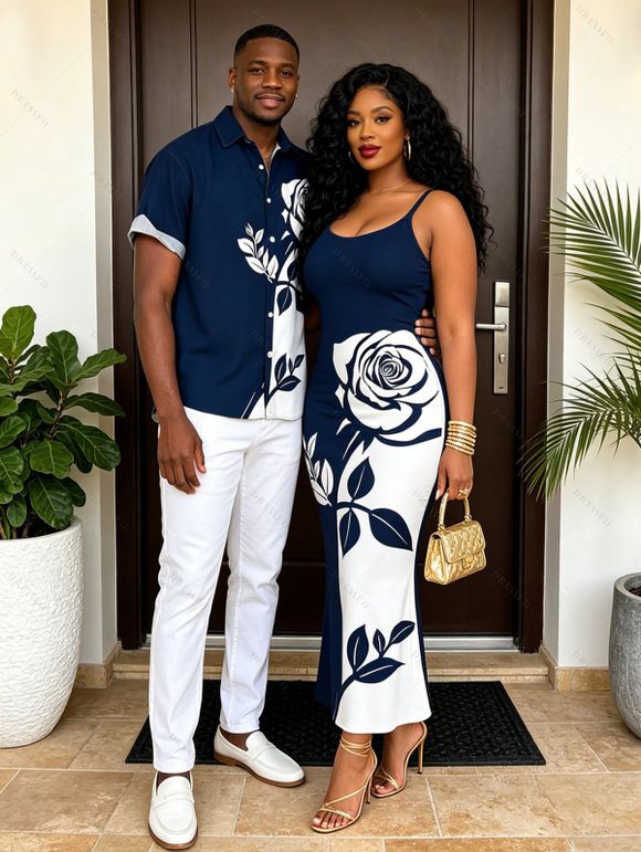Hawaiian Vacation Couple Outfit Contract Color Rose Floral Print Spaghetti Strap Bodycon Dress and Shirt Set - Bleu de Minuit S | US 4