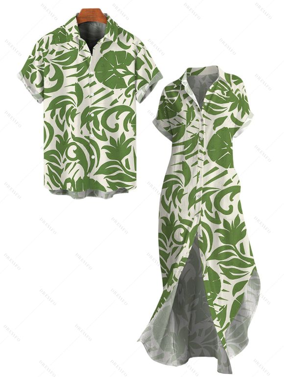 Vacation Couple Outfit Tropical Abstract Leaf Print Button Up Pocket Curved Hem Shirt Dress and Shirt Set - Vert S | US 4