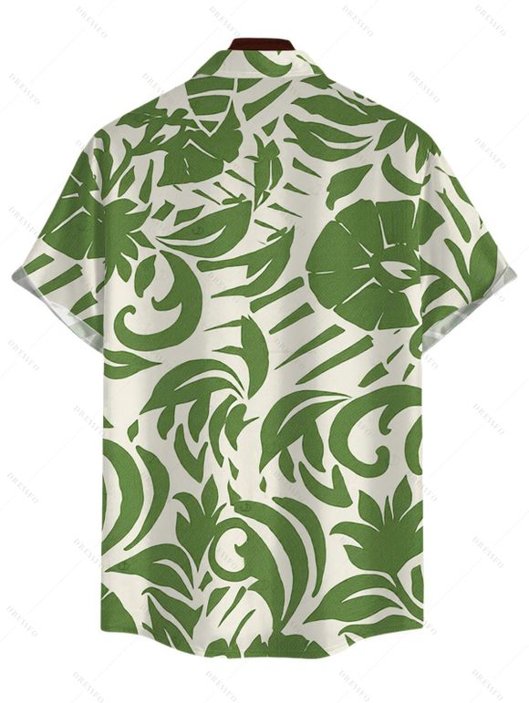 Vacation Couple Outfit Tropical Abstract Leaf Print Button Up Pocket Curved Hem Shirt Dress and Shirt Set - Vert S | US 4