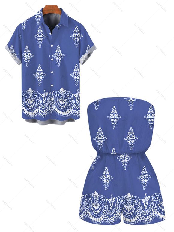 Casual Couple Outfit Vintage Damask Floral Motif Print Pocket Off the Shoulder Romper and Shirt Set - Bleu S | US 4