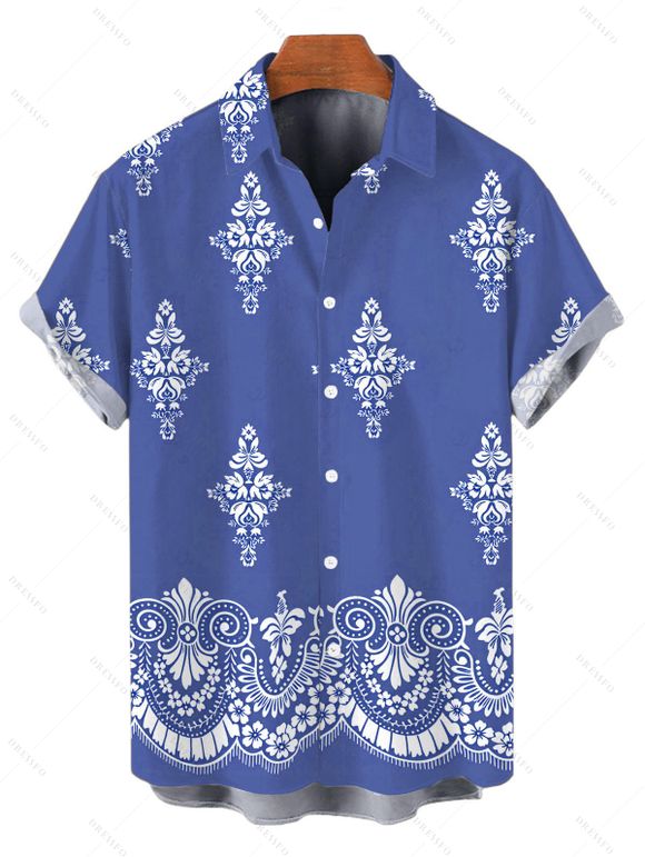 Casual Couple Outfit Vintage Damask Floral Motif Print Pocket Off the Shoulder Romper and Shirt Set - Bleu S | US 4