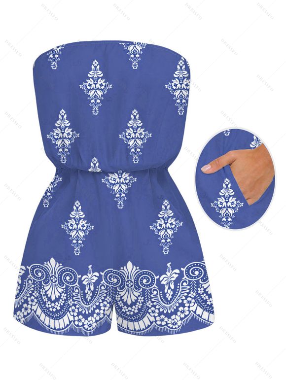 Casual Couple Outfit Vintage Damask Floral Motif Print Pocket Off the Shoulder Romper and Shirt Set - Bleu S | US 4