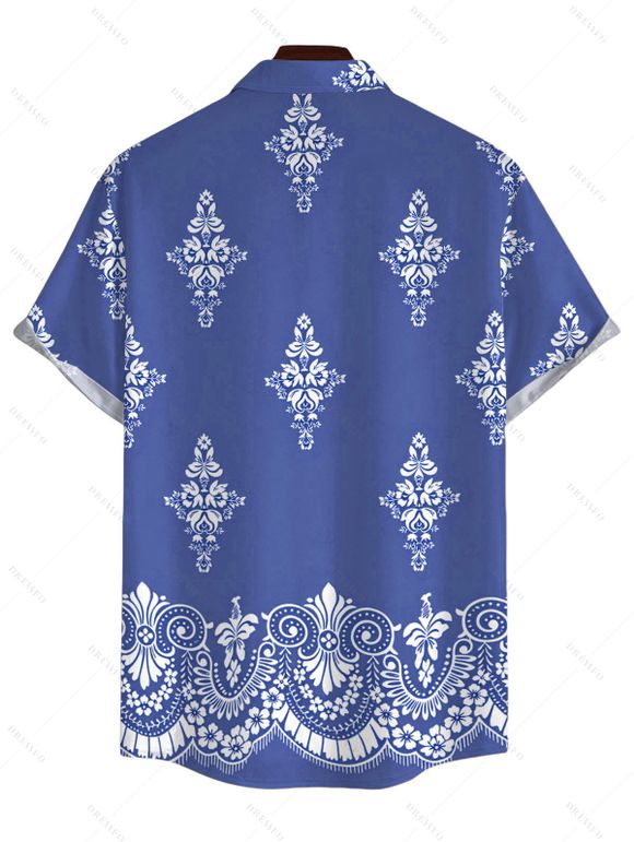 Men's Casual Shirt Vintage Damask Floral Motif Print Button Up Shirt - Bleu Ciel 5XL