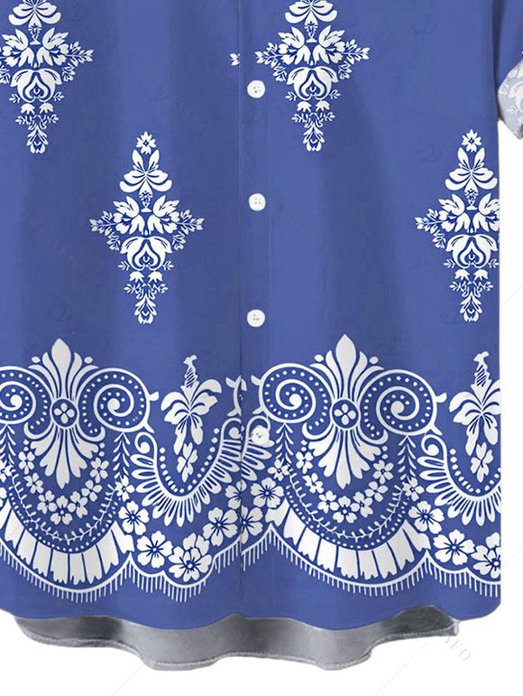 Men's Casual Shirt Vintage Damask Floral Motif Print Button Up Shirt - Bleu Ciel 5XL