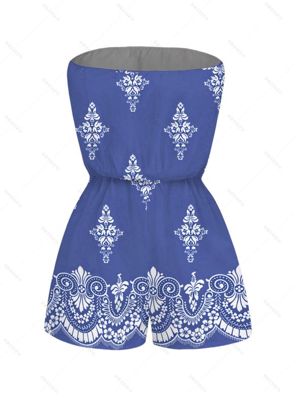 Casual Romper Vintage Damask Floral Motif Print Pocket Off the Shoulder Romper - Bleu Ciel XXL | US 14