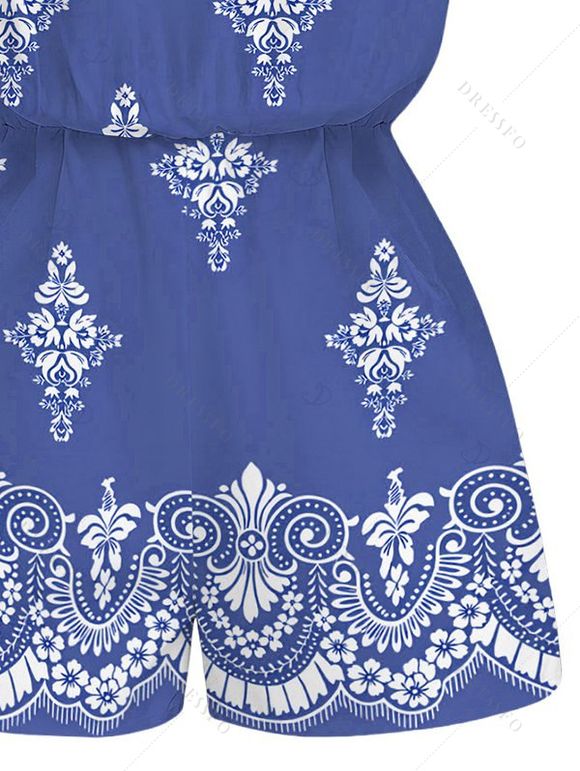 Casual Romper Vintage Damask Floral Motif Print Pocket Off the Shoulder Romper - Bleu Ciel XXL | US 14