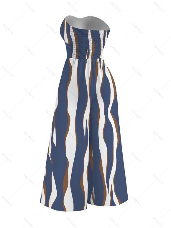 Vacation Jumpsuit Colorblock Abstract Wavy Stripe Print Tied Pocket Off the Shoulder Jumpsuit - Bleu profond XXL | US 14