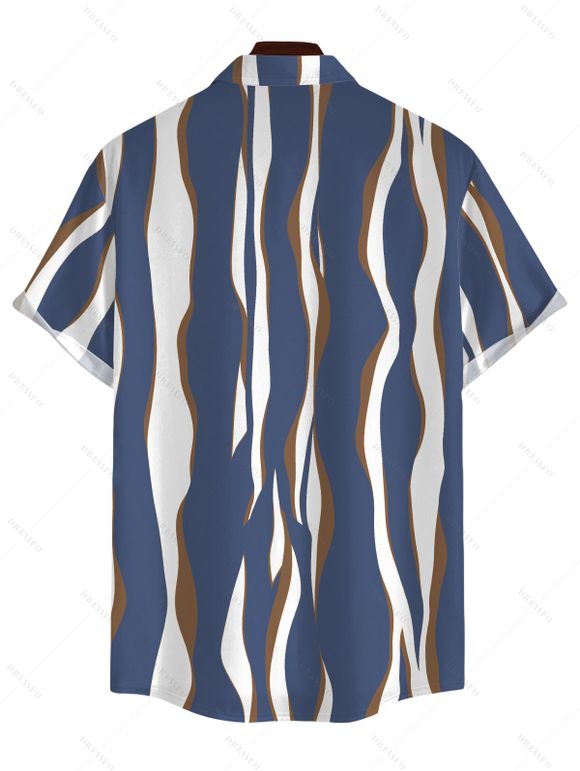 Men's Casual Shirt Colorblock Abstract Wavy Stripe Print Button Up Shirt - Bleu profond 2XL