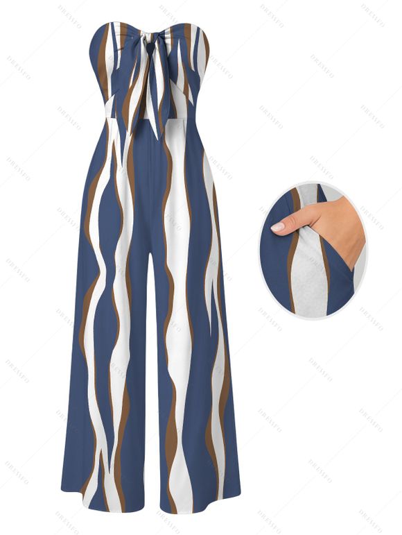 Vacation Couple Outfit Colorblock Abstract Wavy Stripe Print Tied Pocket Off the Shoulder Jumpsuit and Shirt Set - Bleu profond S | US 4
