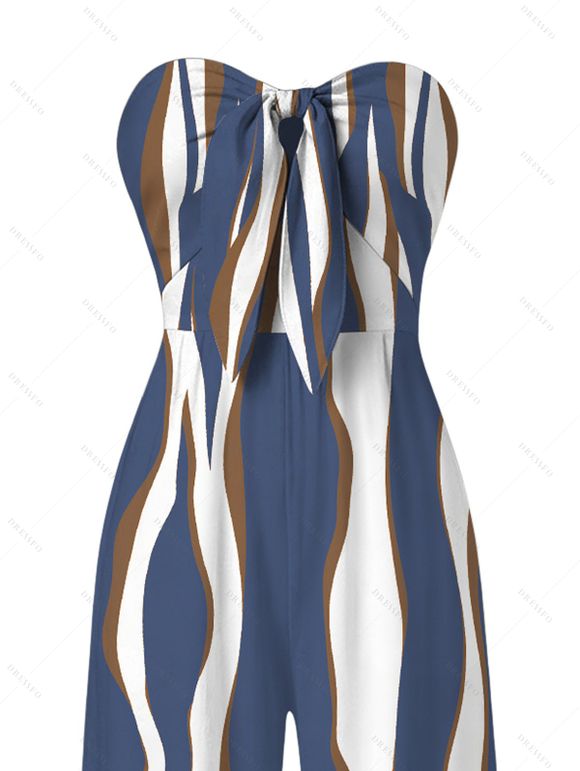 Vacation Couple Outfit Colorblock Abstract Wavy Stripe Print Tied Pocket Off the Shoulder Jumpsuit and Shirt Set - Bleu profond S | US 4