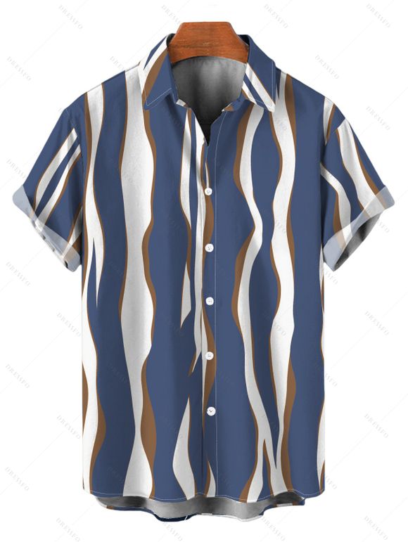 Vacation Couple Outfit Colorblock Abstract Wavy Stripe Print Tied Pocket Off the Shoulder Jumpsuit and Shirt Set - Bleu profond S | US 4