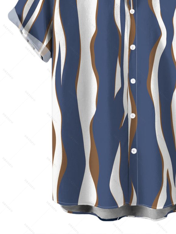 Vacation Couple Outfit Colorblock Abstract Wavy Stripe Print Tied Pocket Off the Shoulder Jumpsuit and Shirt Set - Bleu profond S | US 4
