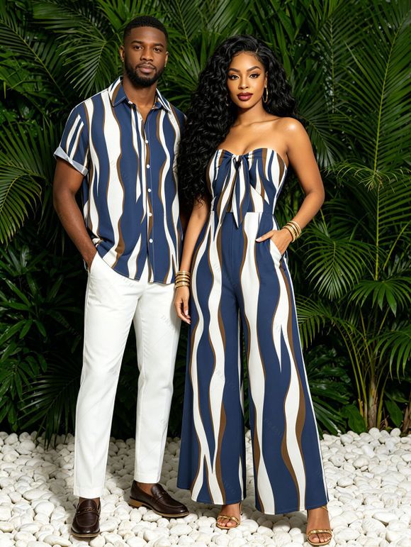Vacation Couple Outfit Colorblock Abstract Wavy Stripe Print Tied Pocket Off the Shoulder Jumpsuit and Shirt Set - Bleu profond S | US 4