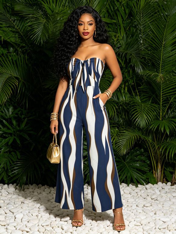 Vacation Couple Outfit Colorblock Abstract Wavy Stripe Print Tied Pocket Off the Shoulder Jumpsuit and Shirt Set - Bleu profond S | US 4