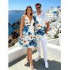 Hawaiian Vacation Couple Outfit Tropical Hibiscus Floral Monstera Leaf Print Cut Out Plunging Neck Dress and Shirt Set - Blanc S | US 4